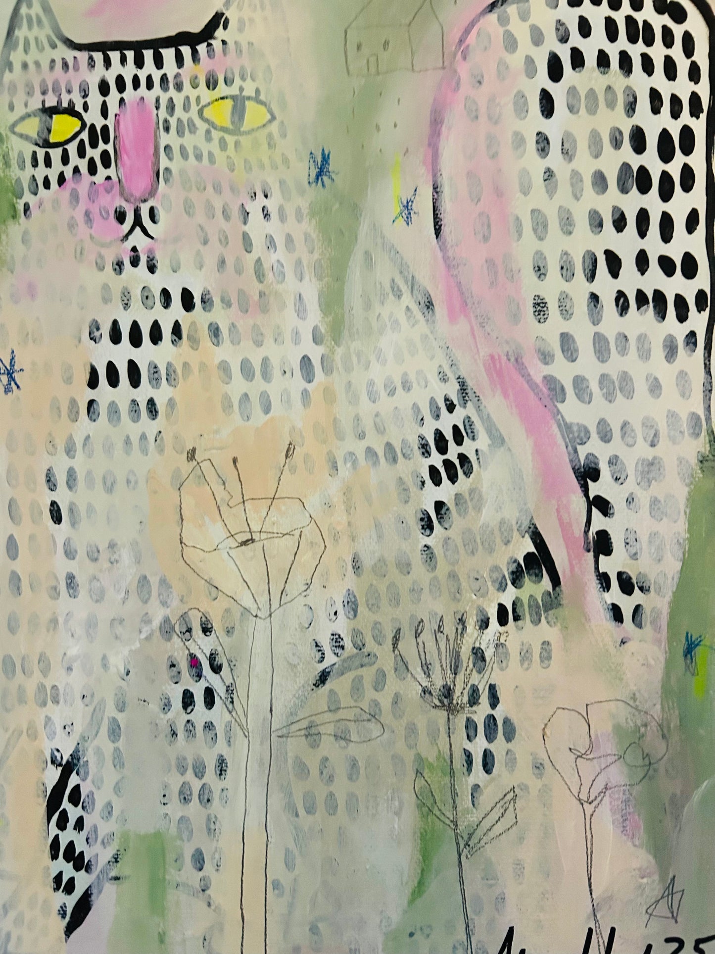 Original Acrylgemälde Last Summer – Katze in Rosa & Grün, 30x30 cm – Alina Hahn, Studio Hahn – Ansicht 3