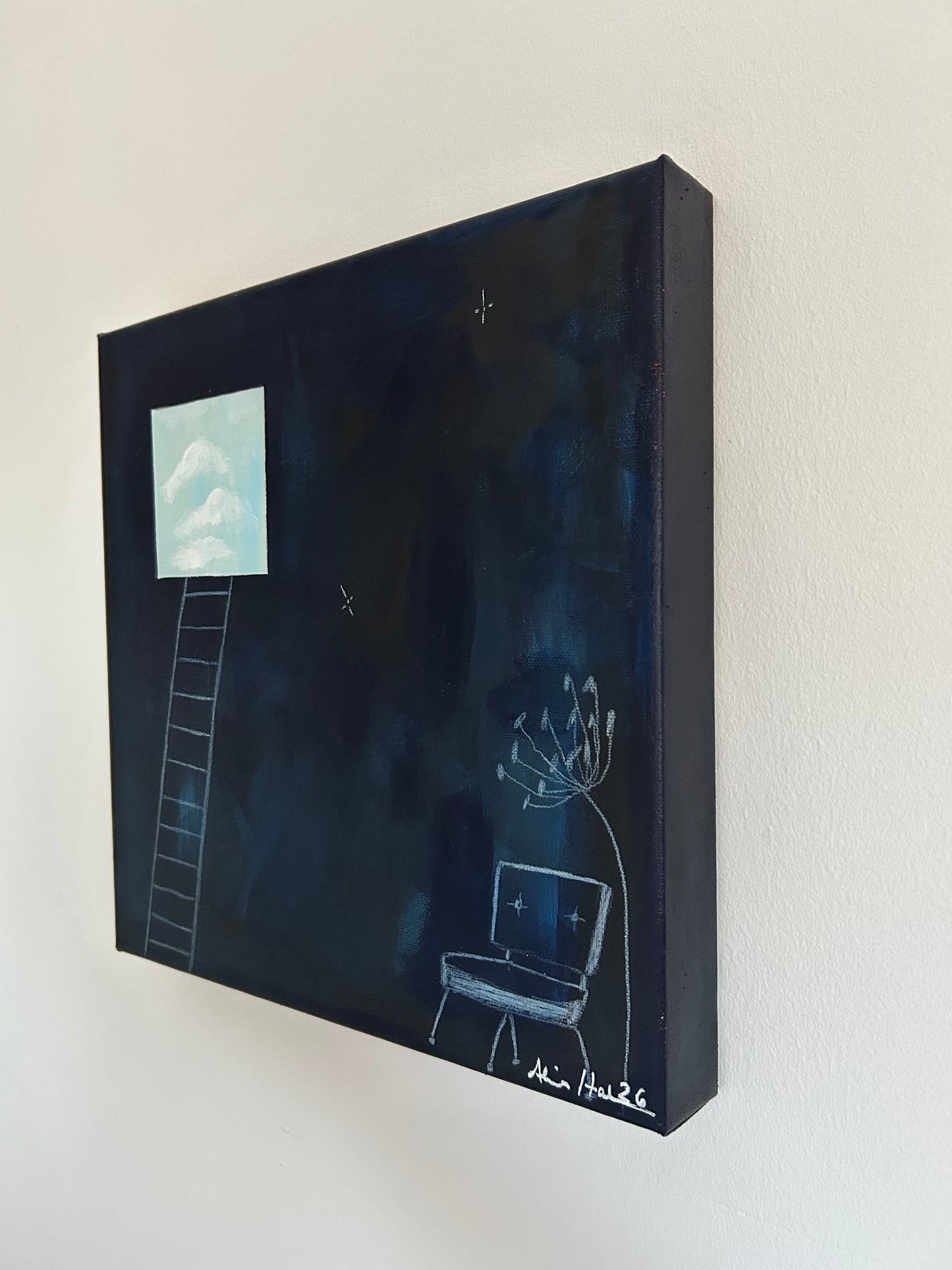 Original Acrylgemälde Bye – Himmel & Wolken, Midcentury, 30x30 cm – Alina Hahn, Studio Hahn – Ansicht 3