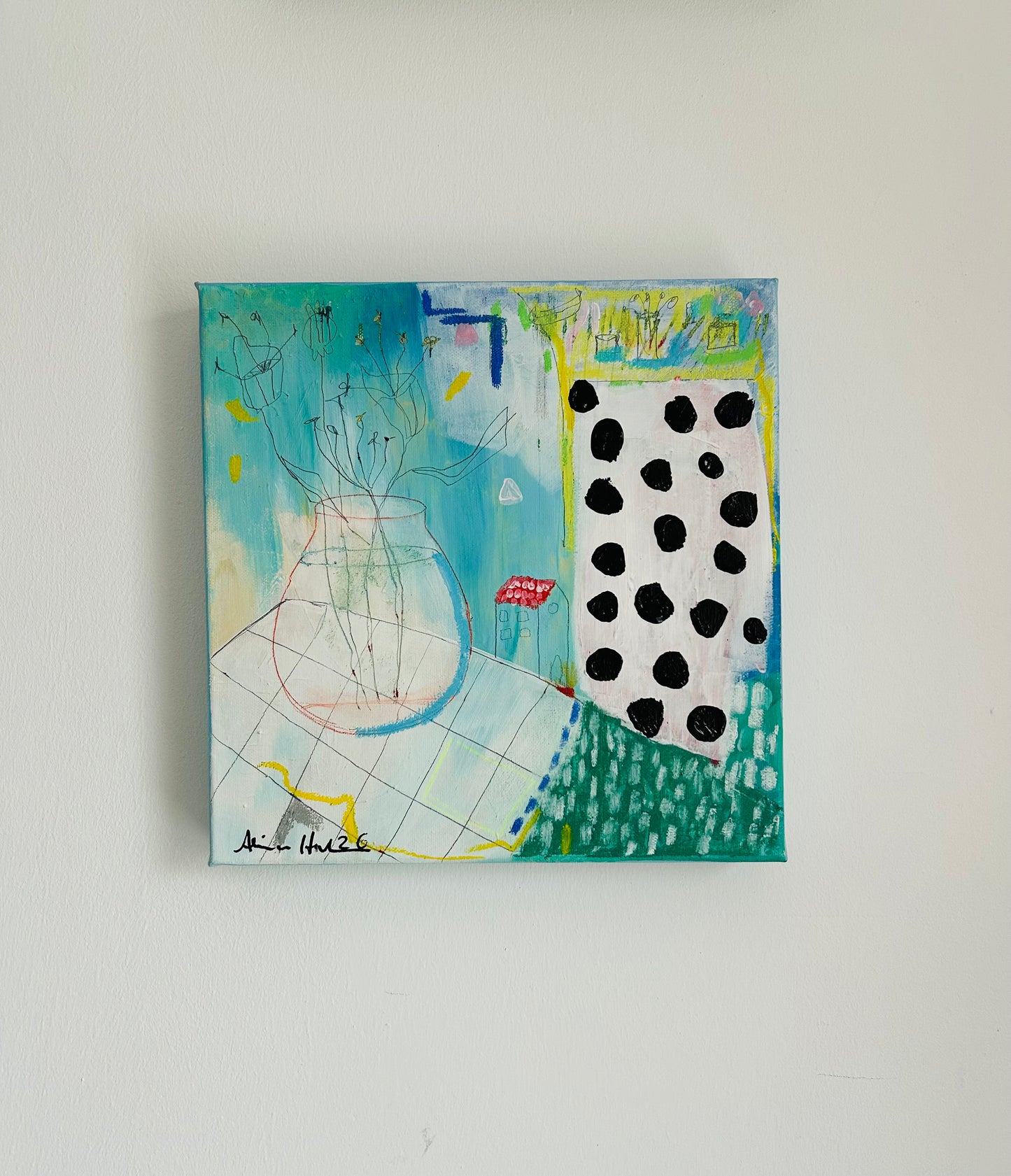 Original Acrylgemälde Saturday – Blumen in Blau & Beige, 30x30 cm – Alina Hahn, Studio Hahn
