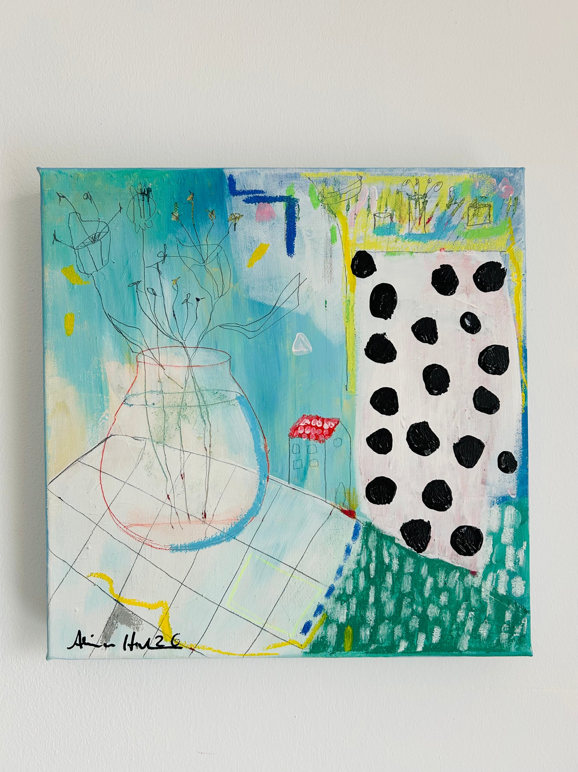 Original Acrylgemälde Saturday – Blumen in Blau & Beige, 30x30 cm – Alina Hahn, Studio Hahn – Ansicht 2
