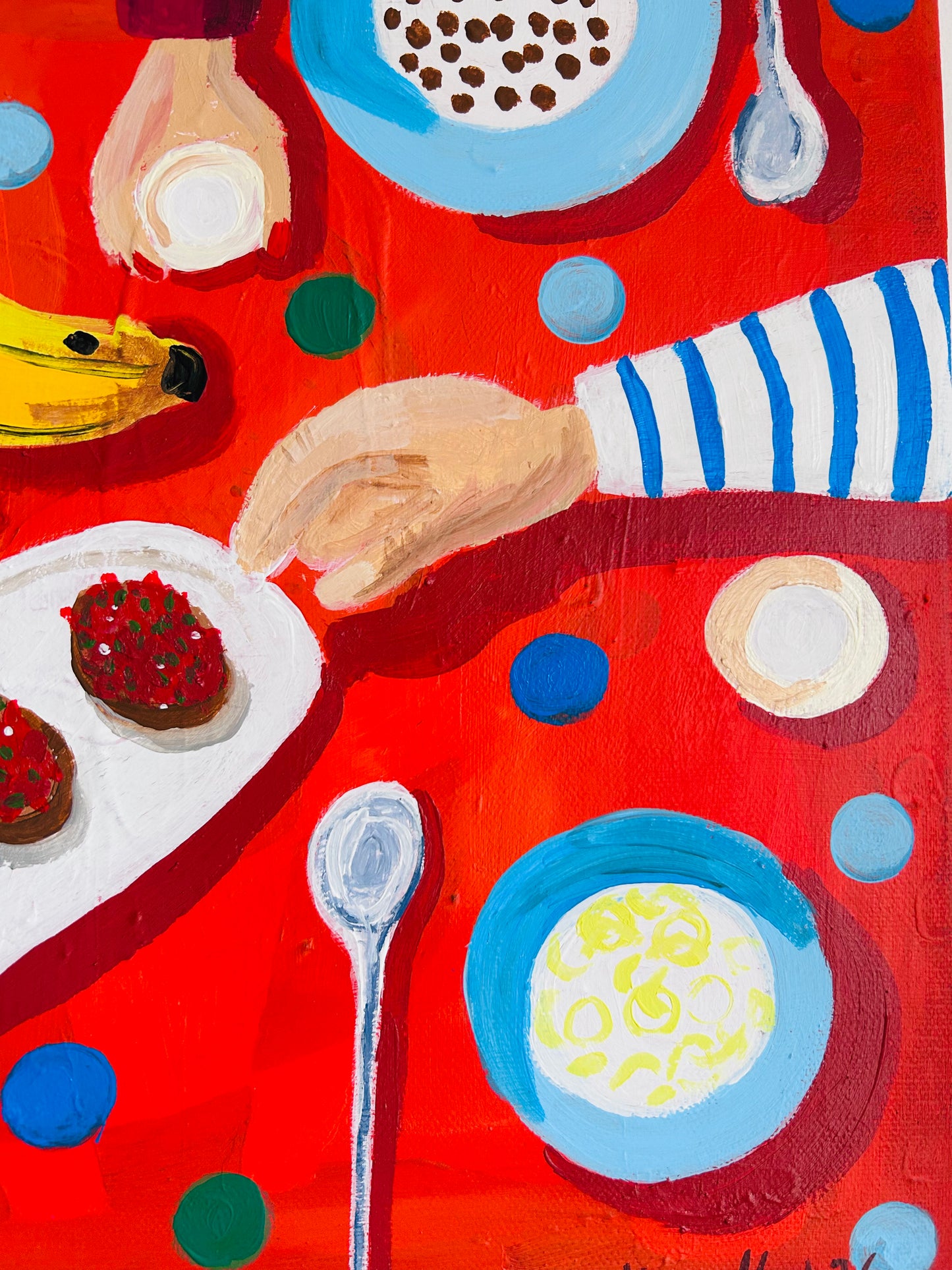 Dinner - original Abstrakte Moderne Kunst Handgemaltes Bild Farbenfroh auf Canvas Leinwand Gemälde Malerei Tischszene Tisch Gemälde