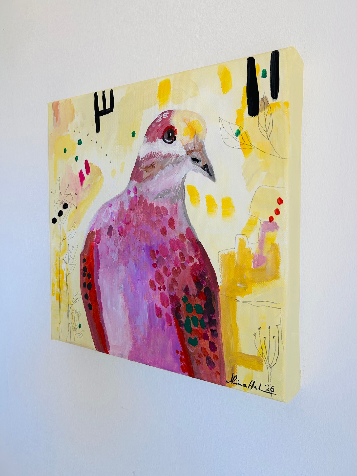 Original Acrylgemälde Taubias – abstrakte Taube, 30x30 cm – Alina Hahn, Studio Hahn