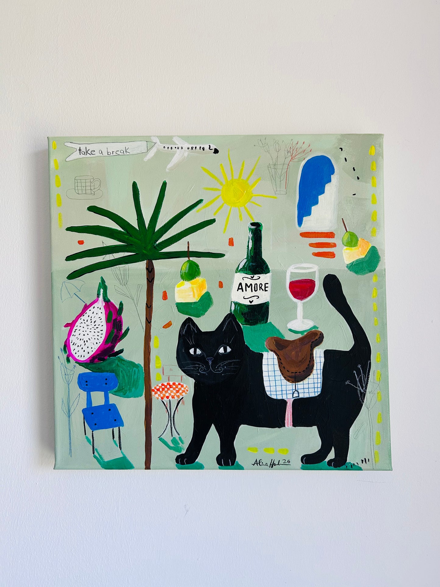 Original Acrylgemälde Take a Break – abstrakt mit Katze, 40x40 cm – Alina Hahn, Studio Hahn