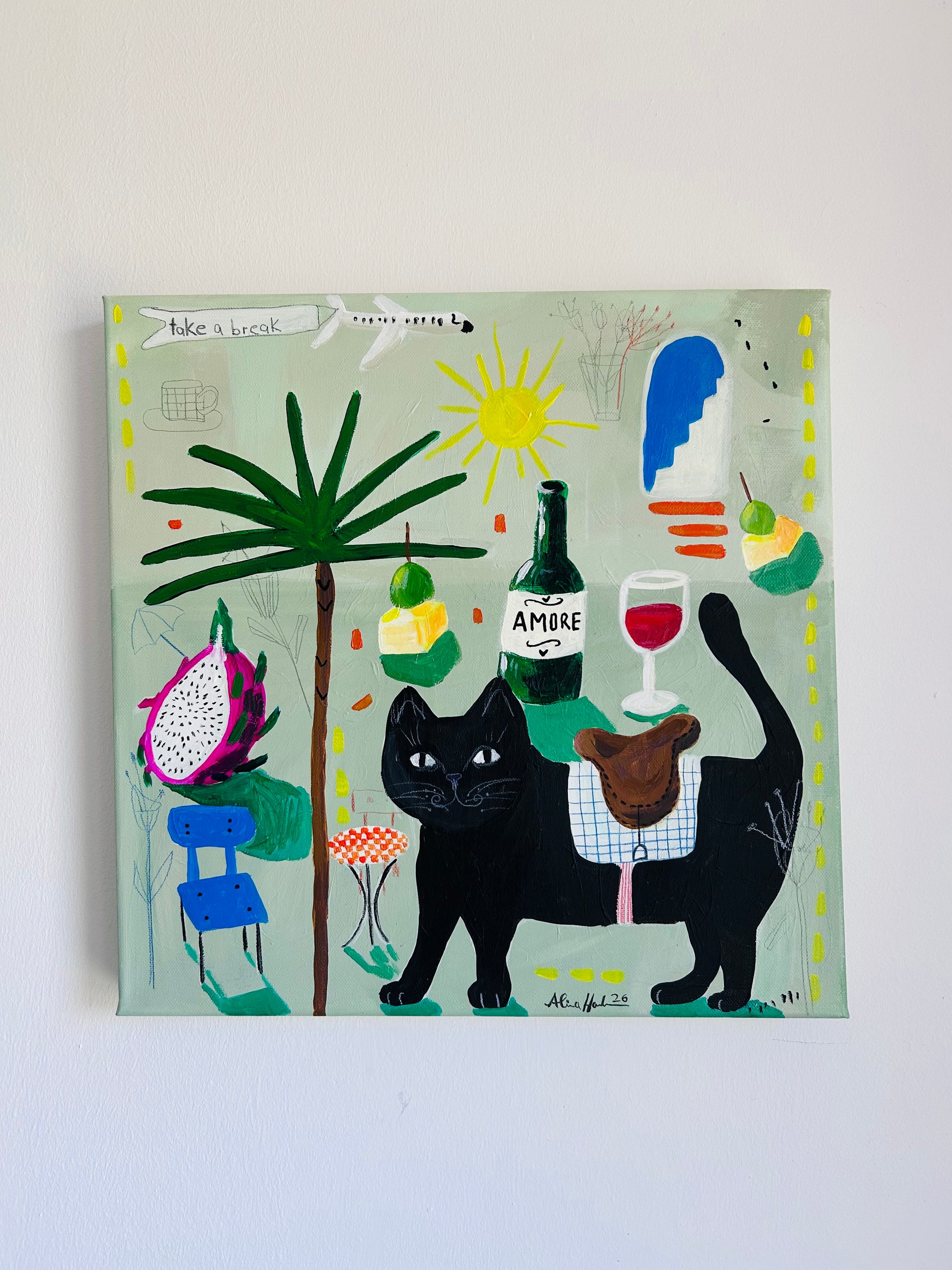 Original Acrylgemälde Take a Break – abstrakt mit Katze, 40x40 cm – Alina Hahn, Studio Hahn
