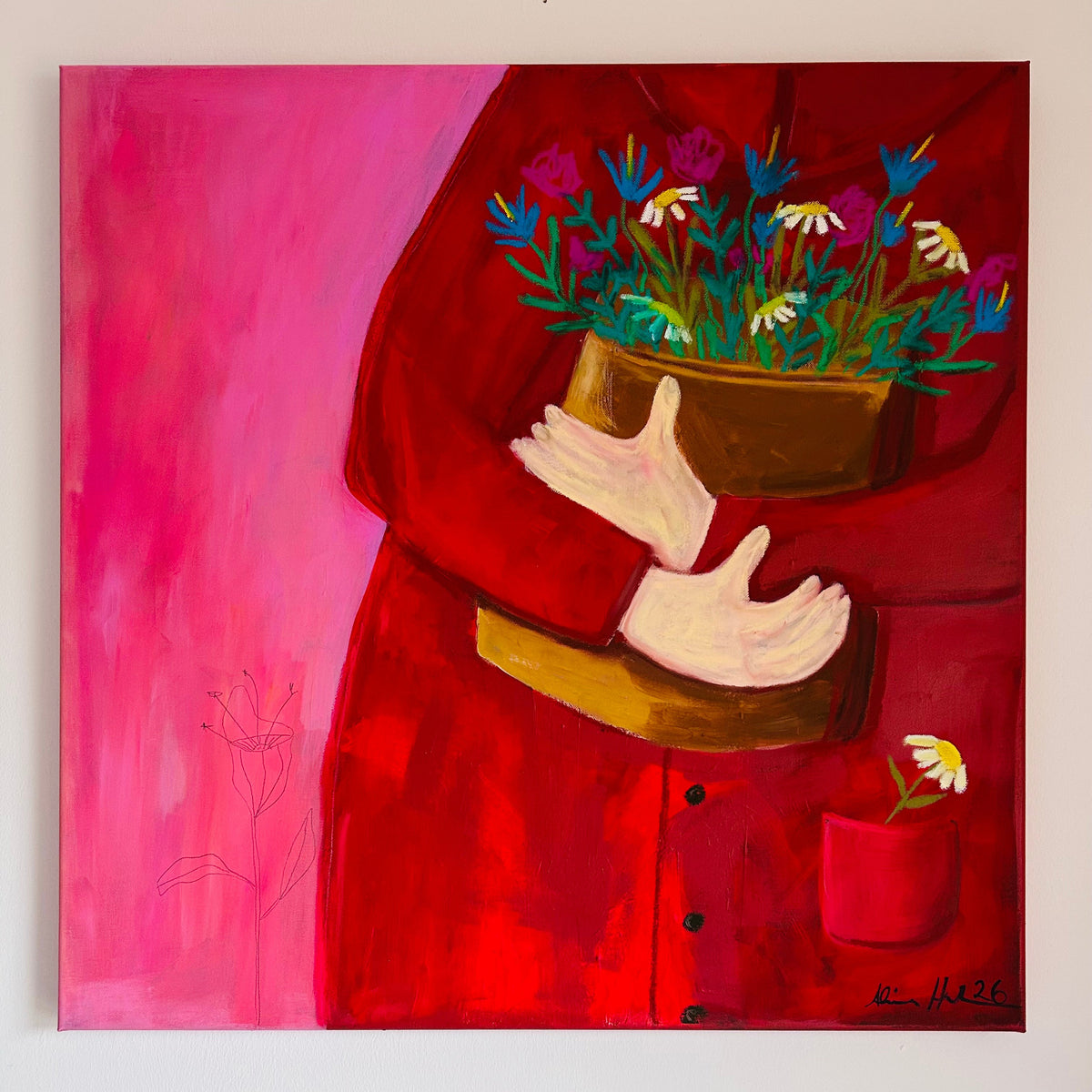 Original Acrylgemälde Coming Home – abstrakt in Pink & Rot, 70x70 cm – Alina Hahn, Studio Hahn