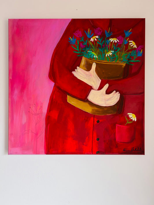 Original Acrylgemälde Coming Home – abstrakt in Pink & Rot, 70x70 cm – Alina Hahn, Studio Hahn